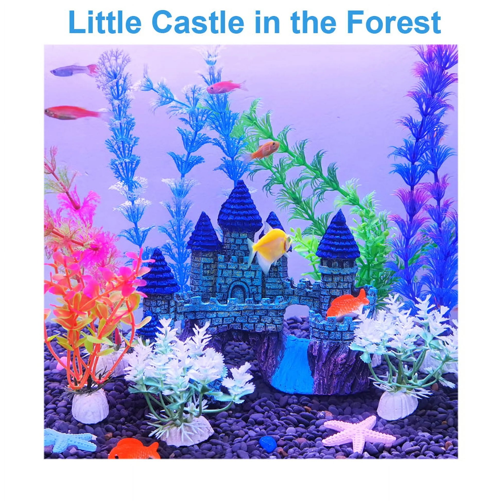 Aquarium Decorations Castle Accessories Plastic Plants - 15 Pack Fish Tank House Hideouts and Cave